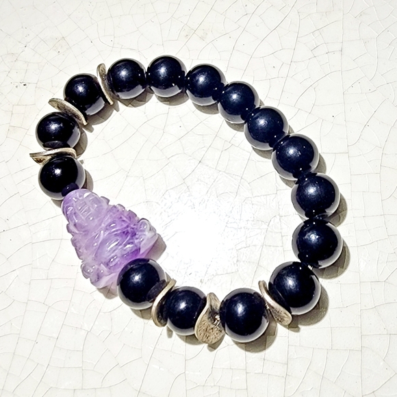 Amethyst carved buddha onyx with gold wave discs stretch gemstone bracelet - Picture 3 of 3